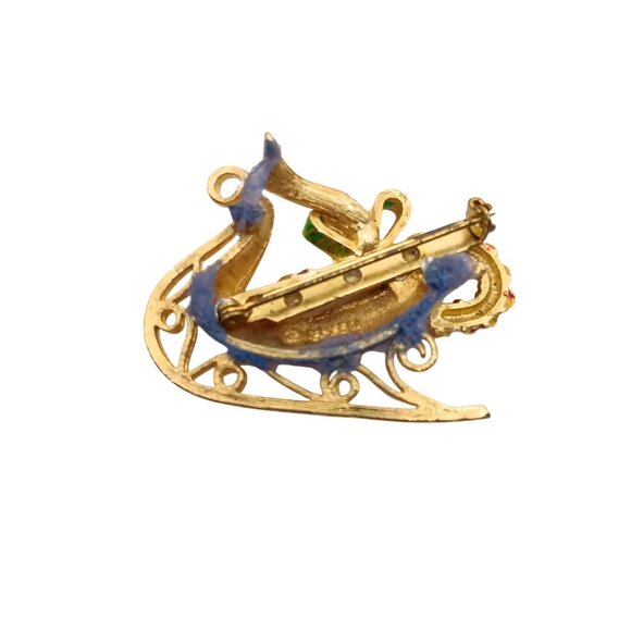 Vintage MYLU Gold-Tone Enamel Sleigh Brooch Pin Candy Cane & Bow Design Christma - Picture 3 of 3
